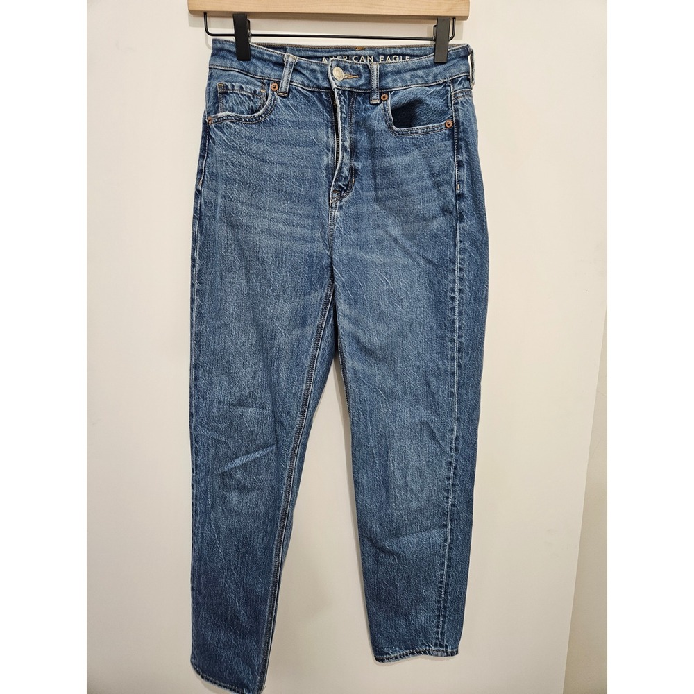 American Eagle Mom Straight Jeans Womens 0 Regular Medium Wash High Rise Blue